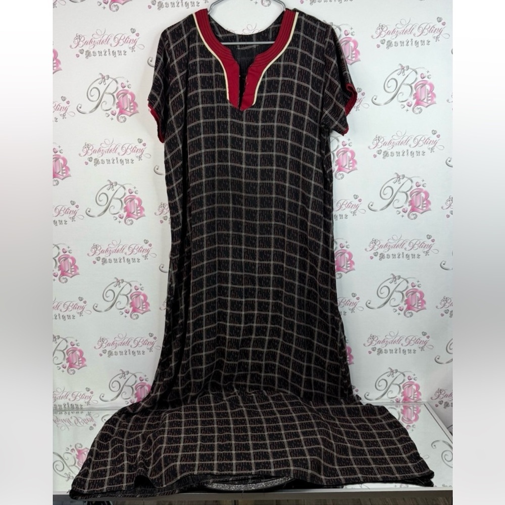 Dress long stripes gingham Vneck distressed Plaid Maxi Dress with Red Accents
